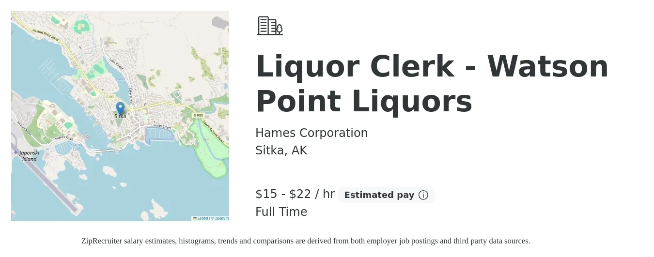 Hames Corporation job posting for a Liquor Clerk - Watson Point Liquors in Sitka, AK with a salary of $16 to $23 Hourly with a map of Sitka location.