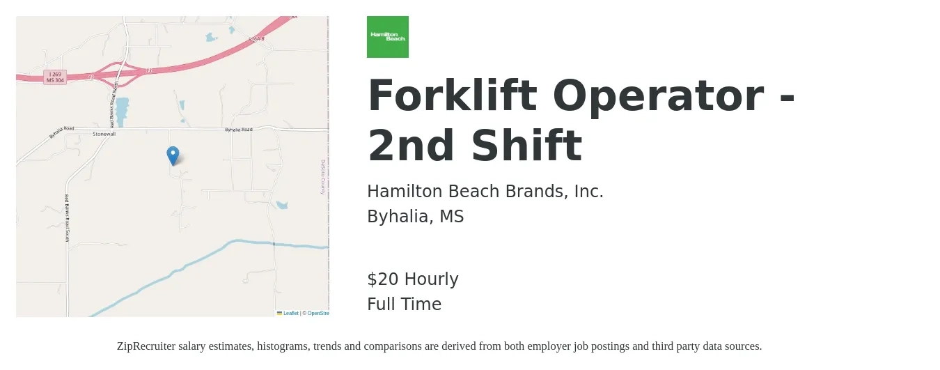 Hamilton Beach Brands, Inc. job posting for a Forklift Operator - 2nd Shift in Byhalia, MS with a salary of $21 Hourly with a map of Byhalia location.