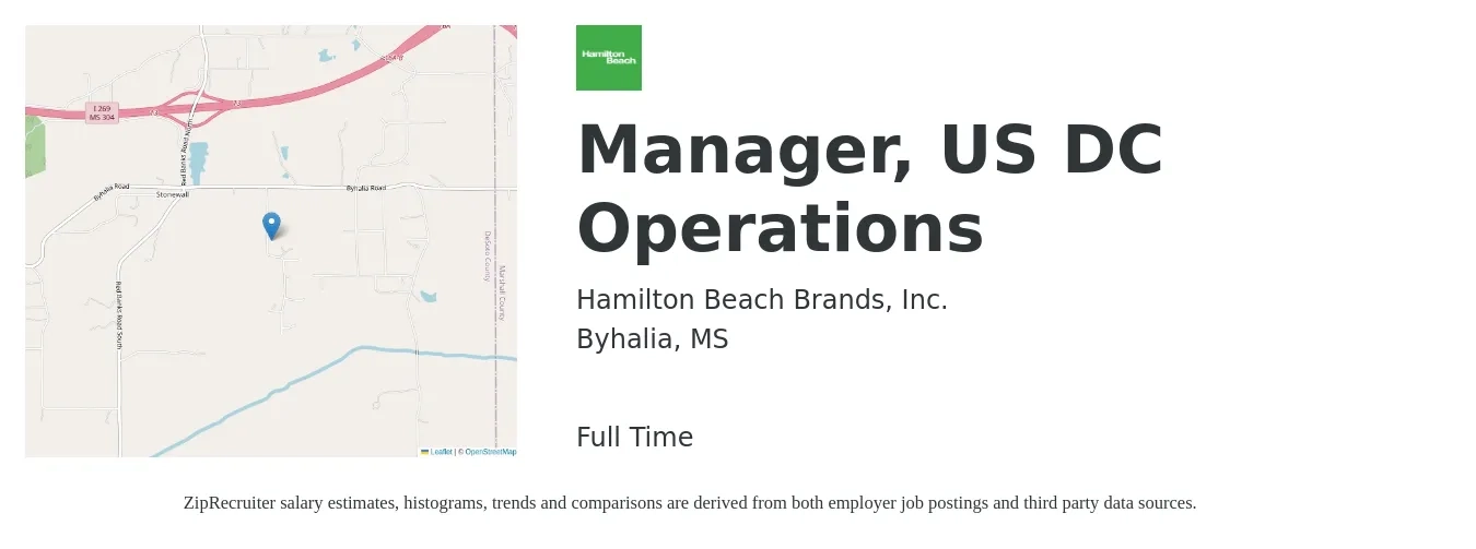 Hamilton Beach Brands, Inc. job posting for a Manager, US DC Operations in Byhalia, MS with a salary of $49,800 to $86,300 Yearly with a map of Byhalia location.