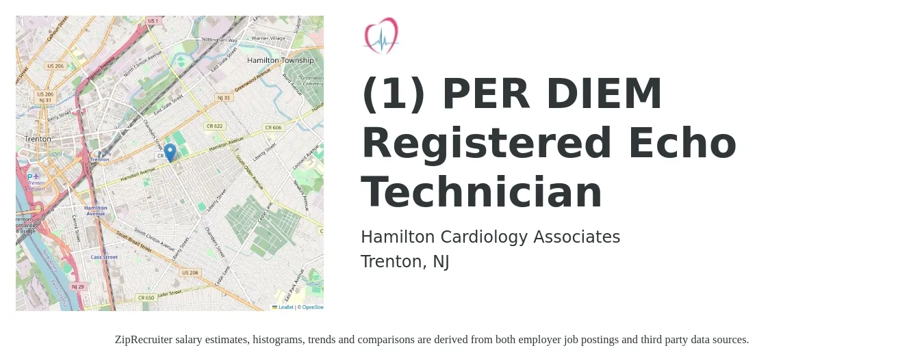 Hamilton Cardiology Associates job posting for a (1) PER DIEM Registered Echo Technician in Trenton, NJ with a salary of $1,740 to $2,760 Weekly with a map of Trenton location.