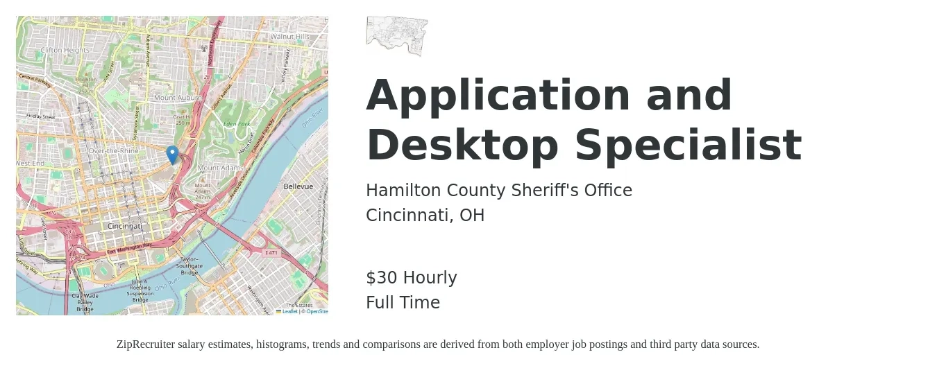 Hamilton County Sheriff's Office job posting for a Application and Desktop Specialist in Cincinnati, OH with a salary of $32 Hourly with a map of Cincinnati location.
