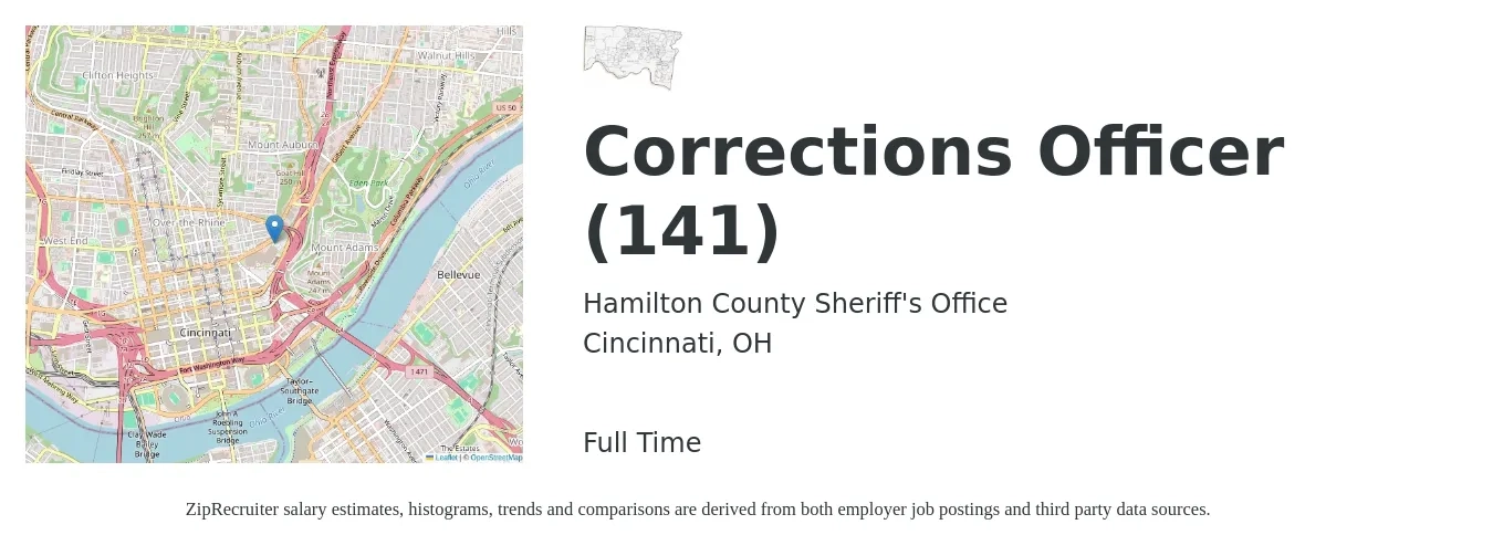 Hamilton County Sheriff's Office job posting for a Corrections Officer (141) in Cincinnati, OH with a salary of $44,400 to $72,700 Yearly with a map of Cincinnati location.