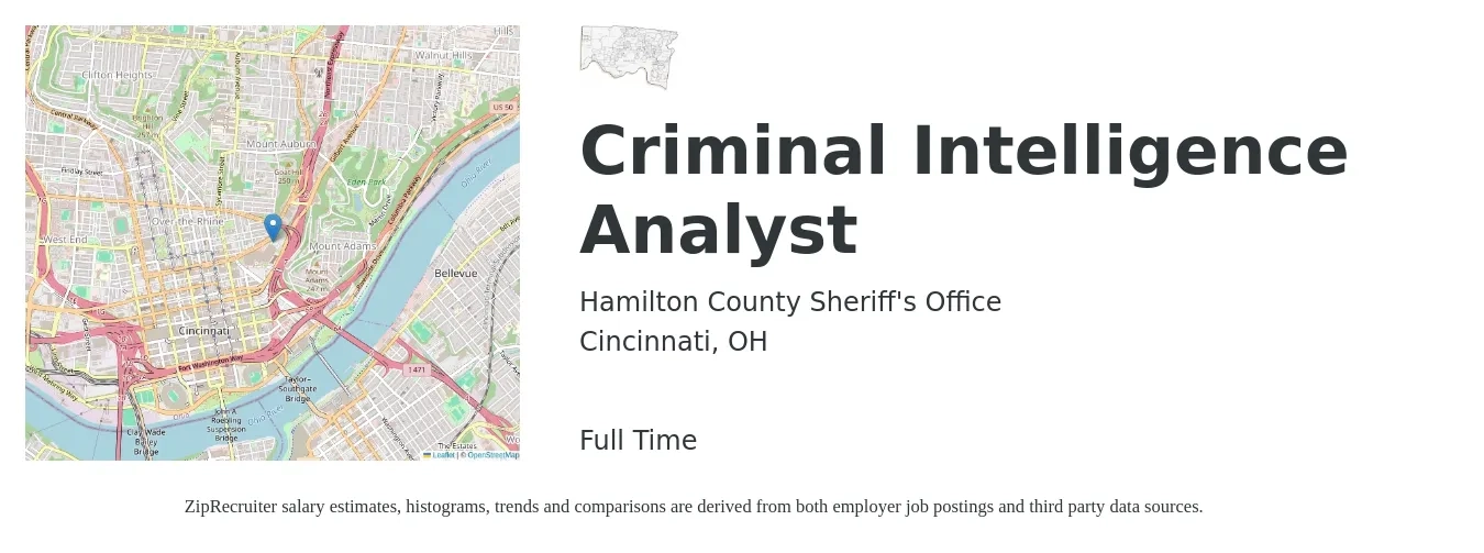 Hamilton County Sheriff's Office job posting for a Criminal Intelligence Analyst in Cincinnati, OH with a salary of $49,000 to $66,300 Yearly with a map of Cincinnati location.