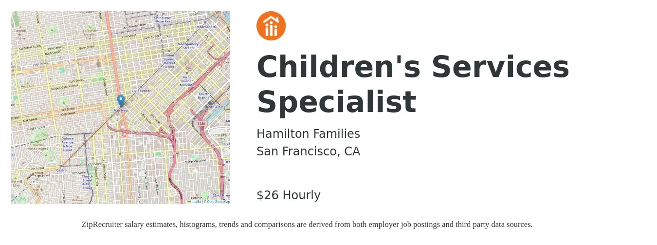 Hamilton Families job posting for a Children's Services Specialist in San Francisco, CA with a salary of $28 Hourly with a map of San Francisco location.