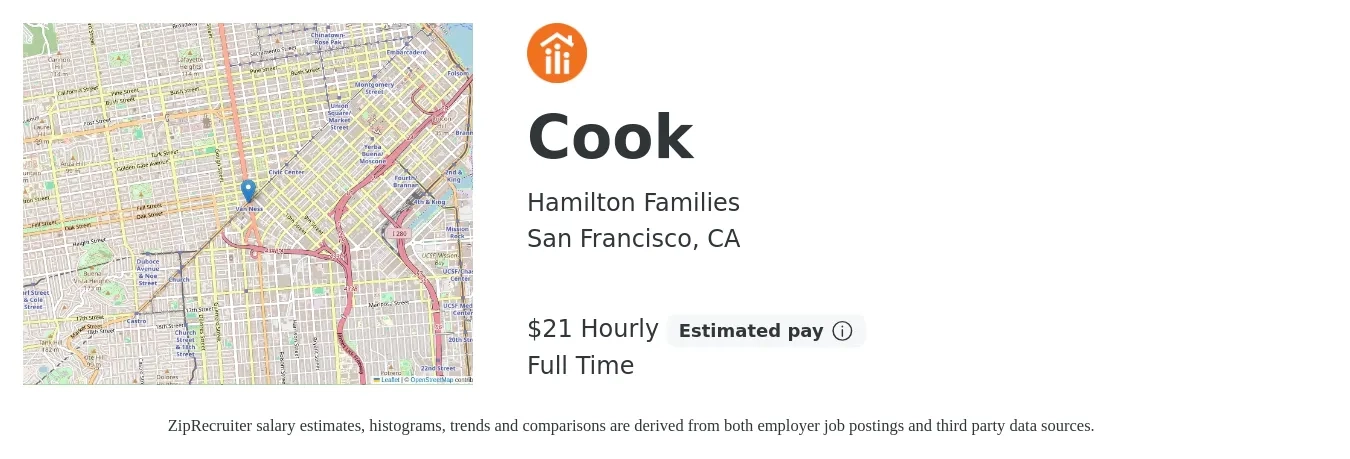 Hamilton Families job posting for a Cook in San Francisco, CA with a salary of $22 Hourly with a map of San Francisco location.