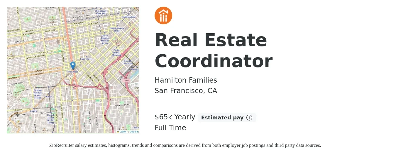 Hamilton Families job posting for a Real Estate Coordinator in San Francisco, CA with a salary of $65,520 Yearly with a map of San Francisco location.