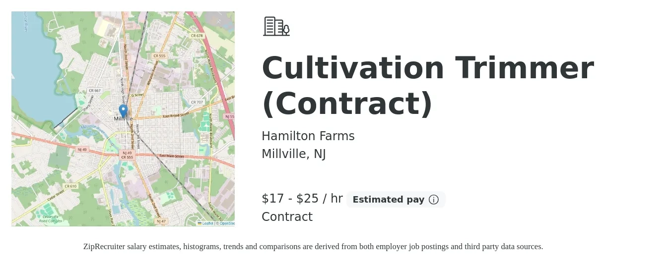 Hamilton Farms job posting for a Cultivation Trimmer (Contract) in Millville, NJ with a salary of $18 to $26 Hourly with a map of Millville location.