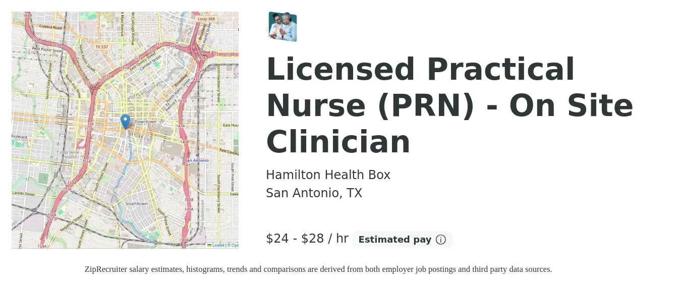 Hamilton Health Box job posting for a Licensed Practical Nurse (PRN) - On Site Clinician in San Antonio, TX with a salary of $25 to $30 Hourly with a map of San Antonio location.