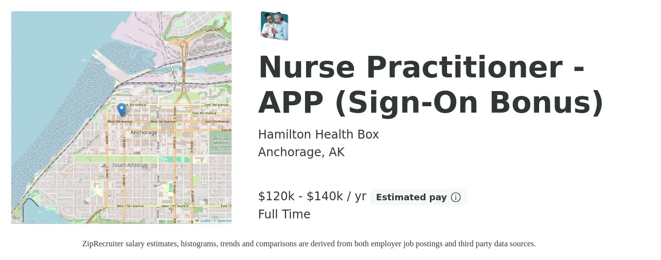 Hamilton Health Box job posting for a Nurse Practitioner - APP (Sign-On Bonus) in Anchorage, AK with a salary of $120,000 to $140,000 Yearly with a map of Anchorage location.