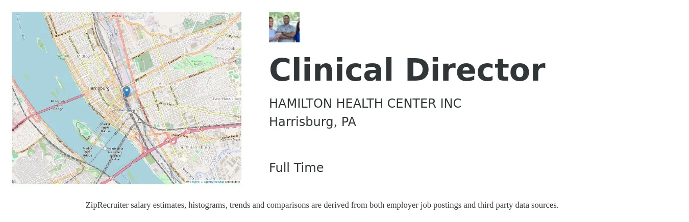 HAMILTON HEALTH CENTER INC job posting for a Clinical Director in Harrisburg, PA with a salary of $79,000 to $107,600 Yearly with a map of Harrisburg location.