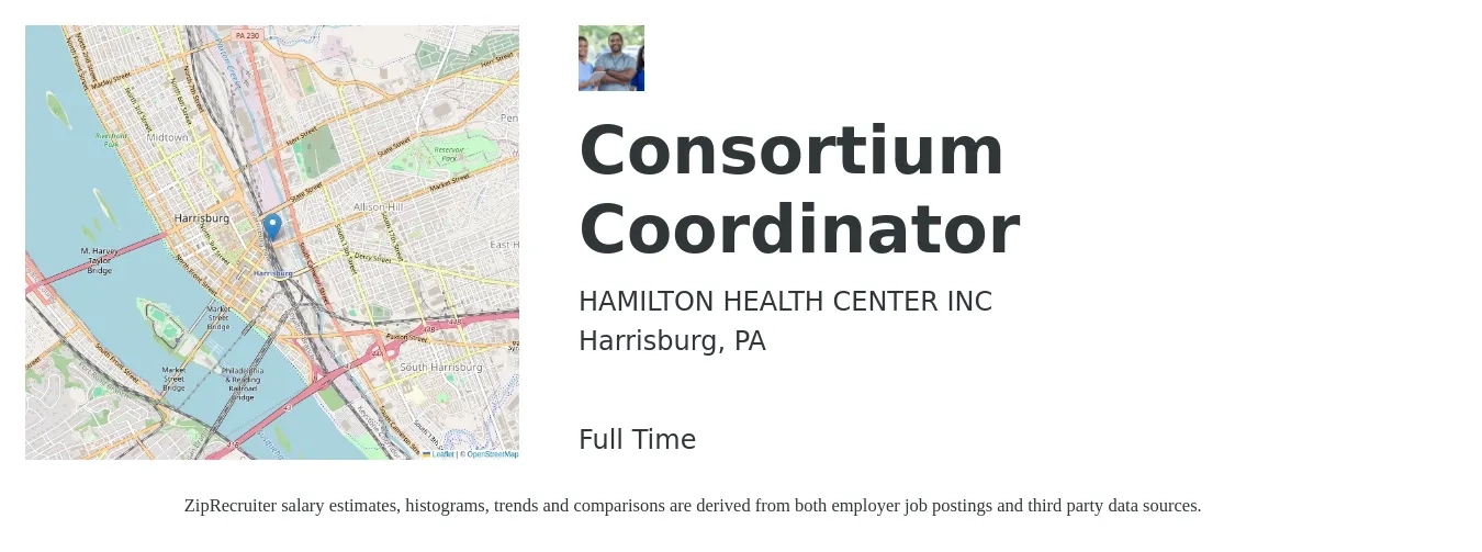 HAMILTON HEALTH CENTER INC job posting for a Consortium Coordinator in Harrisburg, PA with a salary of $19 to $29 Hourly with a map of Harrisburg location.