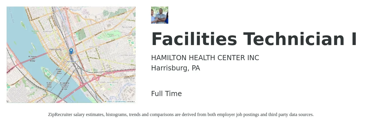 HAMILTON HEALTH CENTER INC job posting for a Facilities Technician I in Harrisburg, PA with a salary of $19 to $27 Hourly with a map of Harrisburg location.