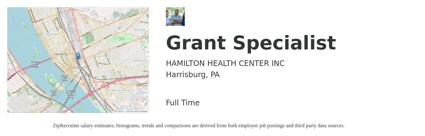 HAMILTON HEALTH CENTER INC job posting for a Grant Specialist in Harrisburg, PA with a salary of $56,300 to $97,300 Yearly with a map of Harrisburg location.