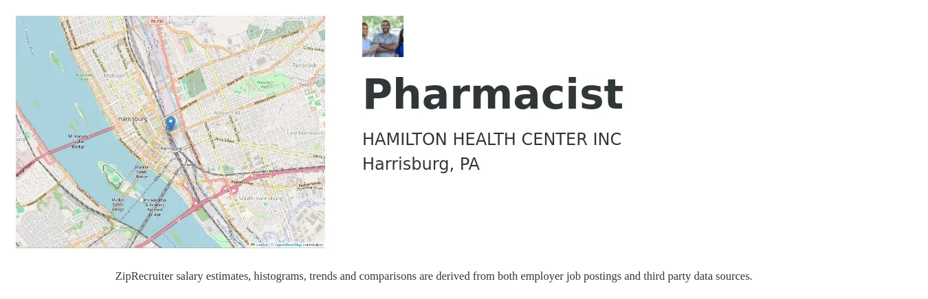 HAMILTON HEALTH CENTER INC job posting for a Pharmacist in Harrisburg, PA with a salary of $58 to $69 Hourly with a map of Harrisburg location.