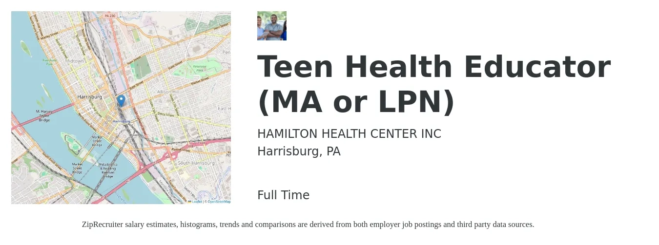HAMILTON HEALTH CENTER INC job posting for a Teen Health Educator (MA or LPN) in Harrisburg, PA with a salary of $20 to $28 Hourly with a map of Harrisburg location.