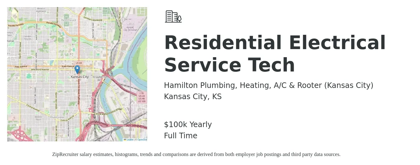 Hamilton Plumbing, Heating, A/C & Rooter (Kansas City) job posting for a Residential Electrical Service Tech in Kansas City, KS with a salary of $100,000 Yearly with a map of Kansas City location.