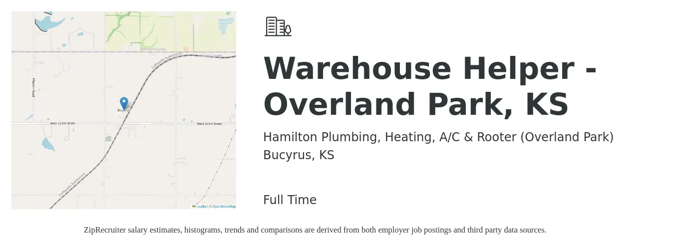 Hamilton Plumbing, Heating, A/C & Rooter (Overland Park) job posting for a Warehouse Helper - Overland Park, KS in Bucyrus, KS with a salary of $14 to $17 Hourly with a map of Bucyrus location.