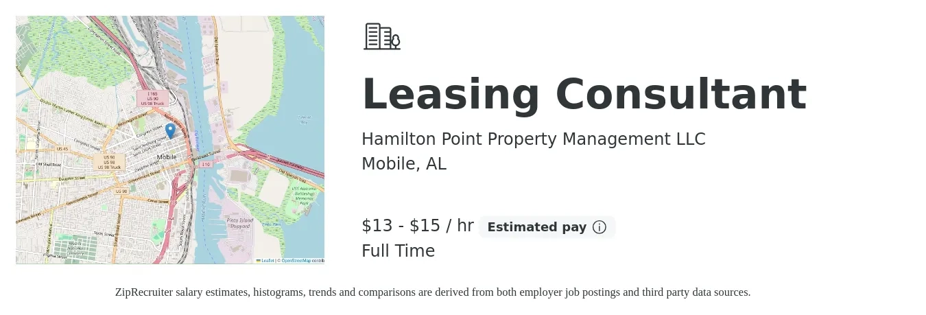 Hamilton Point Property Management LLC job posting for a Leasing Consultant in Mobile, AL with a salary of $14 to $16 Hourly with a map of Mobile location.