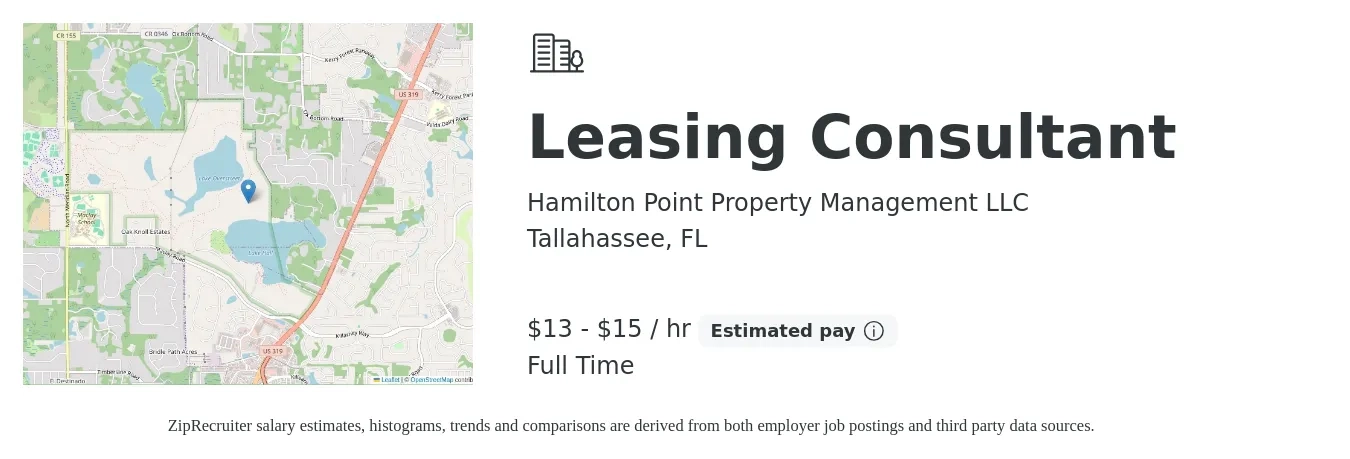 Hamilton Point Property Management LLC job posting for a Leasing Consultant in Tallahassee, FL with a salary of $14 to $16 Hourly with a map of Tallahassee location.
