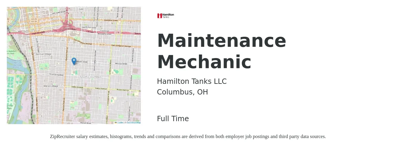 Hamilton Tanks LLC job posting for a Maintenance Mechanic in Columbus, OH with a salary of $24 to $31 Hourly with a map of Columbus location.