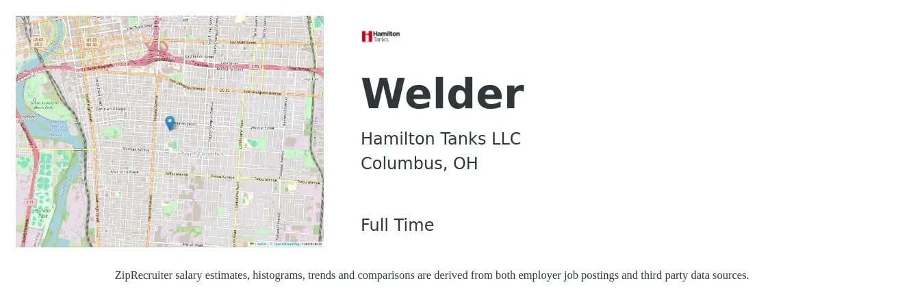 Hamilton Tanks LLC job posting for a Welder in Columbus, OH with a salary of $19 to $25 Hourly with a map of Columbus location.