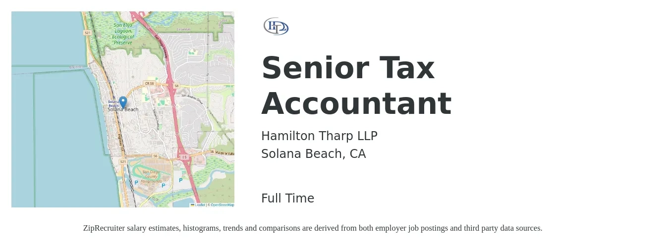 Hamilton Tharp LLP job posting for a Senior Tax Accountant in Solana Beach, CA with a salary of $80,000 to $105,000 Yearly with a map of Solana Beach location.