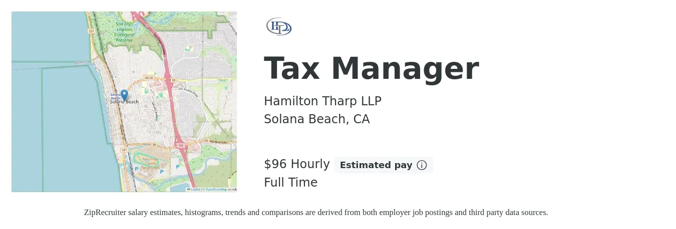 Hamilton Tharp LLP job posting for a Tax Manager in Solana Beach, CA with a salary of $150,000 Yearly with a map of Solana Beach location.