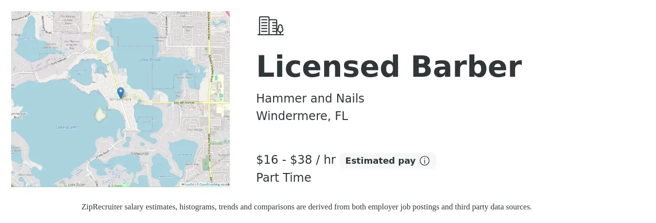 Hammer and Nails job posting for a Licensed Barber in Windermere, FL with a salary of $17 to $40 Hourly (plus commission) with a map of Windermere location.