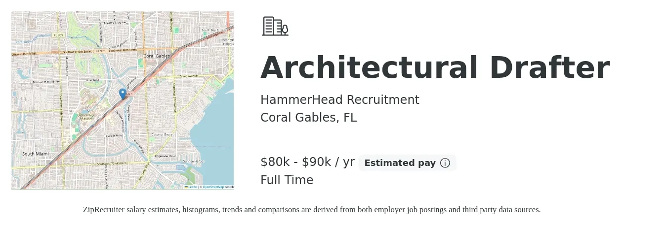 HammerHead Recruitment job posting for a Architectural Drafter in Coral Gables, FL with a salary of $80,000 to $90,000 Yearly and benefits including pto with a map of Coral Gables location.
