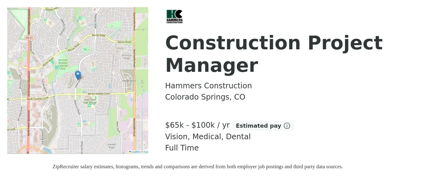 Hammers Construction job posting for a Construction Project Manager in Colorado Springs, CO with a salary of $65,000 to $100,000 Yearly (plus commission) and benefits including vision, dental, life_insurance, medical, and pto with a map of Colorado Springs location.
