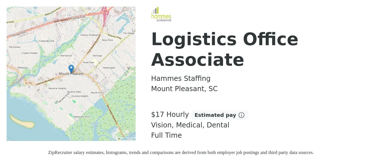 Hammes Staffing job posting for a Logistics Office Associate in Mount Pleasant, SC with a salary of $18 Hourly and benefits including medical, vision, and dental with a map of Mount Pleasant location.