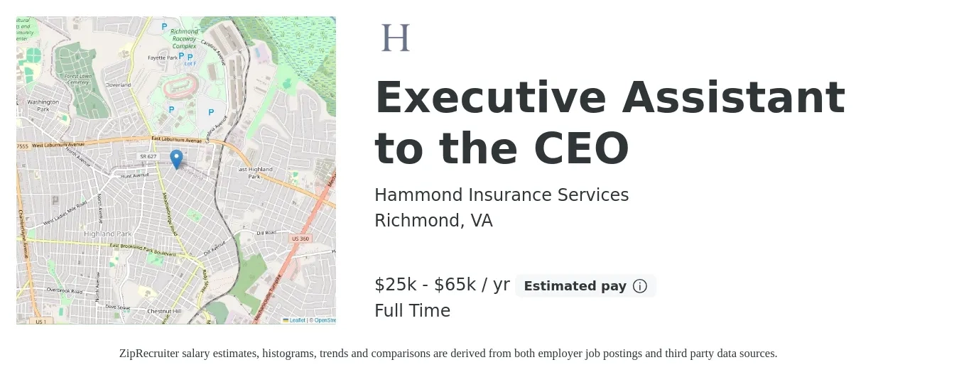 Hammond Insurance Services job posting for a Executive Assistant to the CEO in Richmond, VA with a salary of $25,000 to $65,000 Yearly with a map of Richmond location.