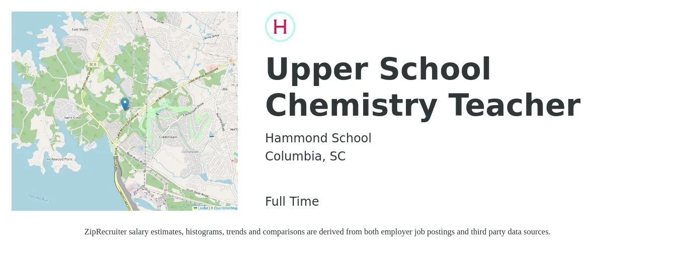 Hammond School job posting for a Upper School Chemistry Teacher in Columbia, SC with a salary of $46,300 to $62,900 Yearly with a map of Columbia location.