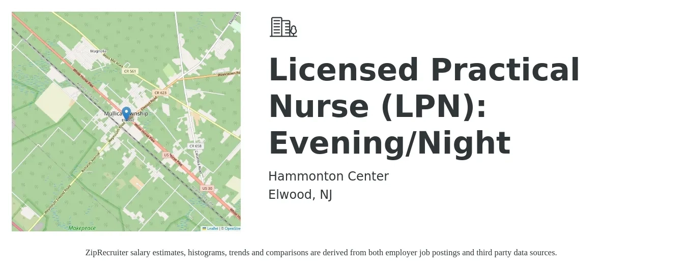 Hammonton Center job posting for a Licensed Practical Nurse (LPN): Evening/Night in Elwood, NJ with a salary of $24 to $33 Hourly with a map of Elwood location.
