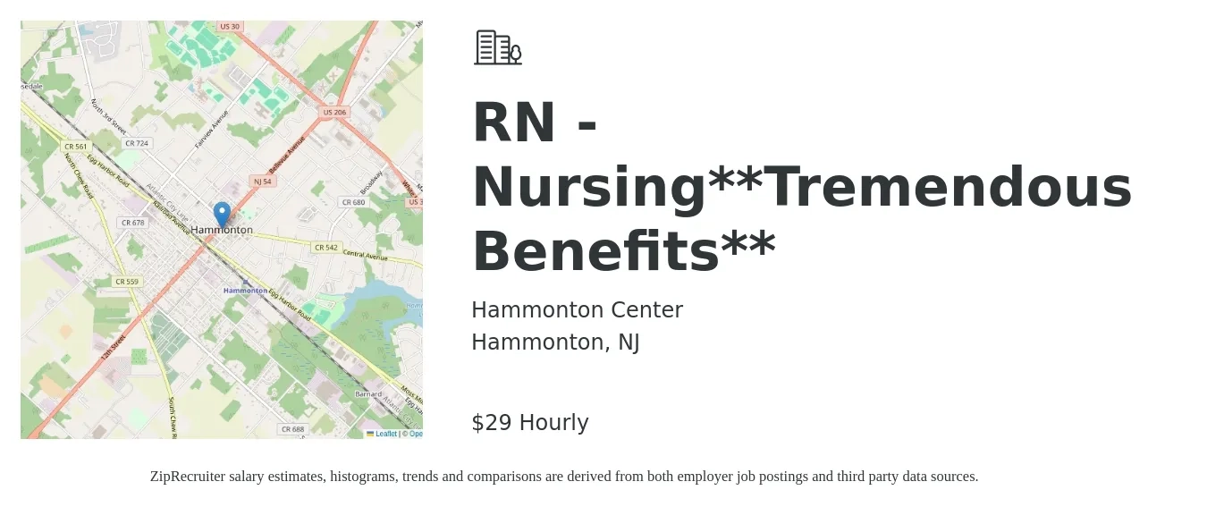Hammonton Center job posting for a RN - Nursing**Tremendous Benefits** in Hammonton, NJ with a salary of $31 Hourly with a map of Hammonton location.