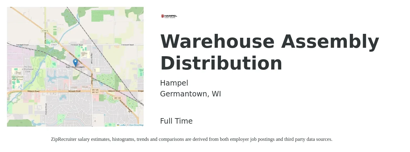 Hampel job posting for a Warehouse Assembly Distribution in Germantown, WI with a salary of $16 to $18 Hourly and benefits including dental, life_insurance, medical, retirement, and vision with a map of Germantown location.