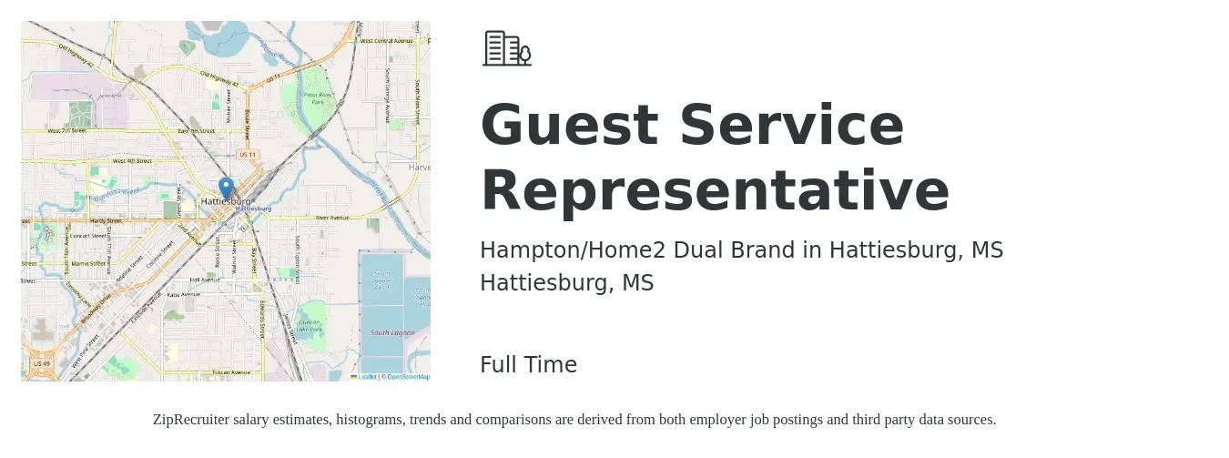 Hampton/Home2 Dual Brand in Hattiesburg, MS job posting for a Guest Service Representative in Hattiesburg, MS with a salary of $14 to $16 Hourly with a map of Hattiesburg location.