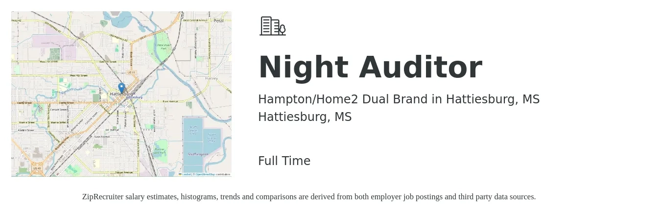 Hampton/Home2 Dual Brand in Hattiesburg, MS job posting for a Night Auditor in Hattiesburg, MS with a salary of $15 to $20 Hourly with a map of Hattiesburg location.