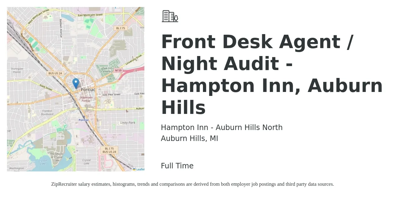 Hampton Inn - Auburn Hills North job posting for a Front Desk Agent / Night Audit - Hampton Inn, Auburn Hills in Auburn Hills, MI with a salary of $14 to $19 Hourly with a map of Auburn Hills location.