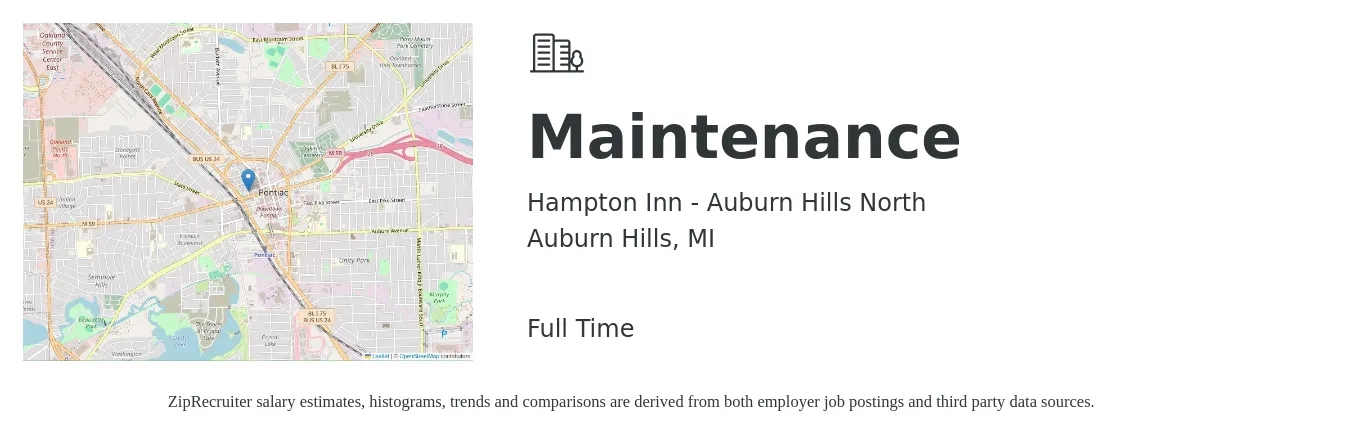 Hampton Inn - Auburn Hills North job posting for a Maintenance in Auburn Hills, MI with a salary of $18 to $25 Hourly with a map of Auburn Hills location.