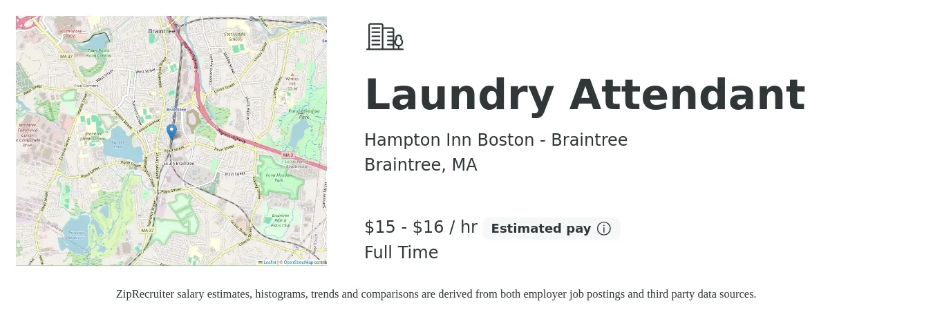 Hampton Inn Boston - Braintree job posting for a Laundry Attendant in Braintree, MA with a salary of $14 to $17 Hourly with a map of Braintree location.