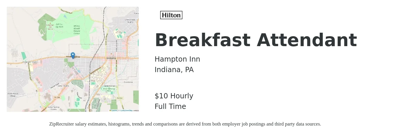 Hampton Inn job posting for a Breakfast Attendant in Indiana, PA with a salary of $11 Hourly with a map of Indiana location.