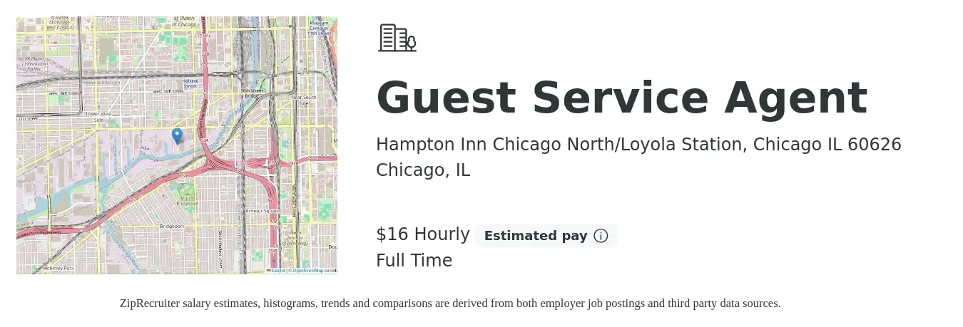 Hampton Inn Chicago North/Loyola Station, Chicago IL 60626 job posting for a Guest Service Agent in Chicago, IL with a salary of $17 Hourly with a map of Chicago location.