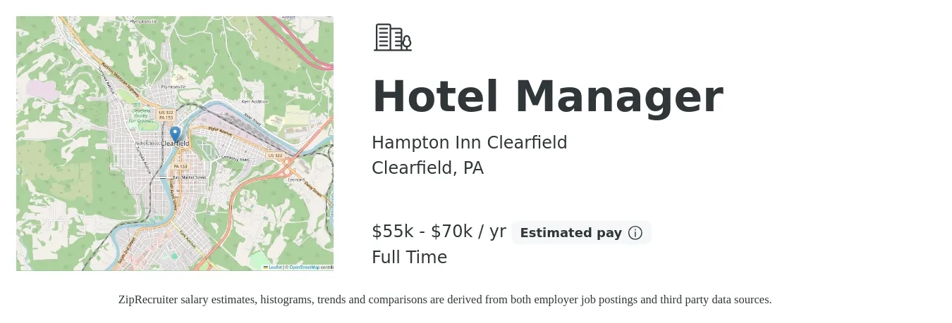 Hampton Inn Clearfield job posting for a Hotel Manager in Clearfield, PA with a salary of $55,000 to $70,000 Yearly with a map of Clearfield location.