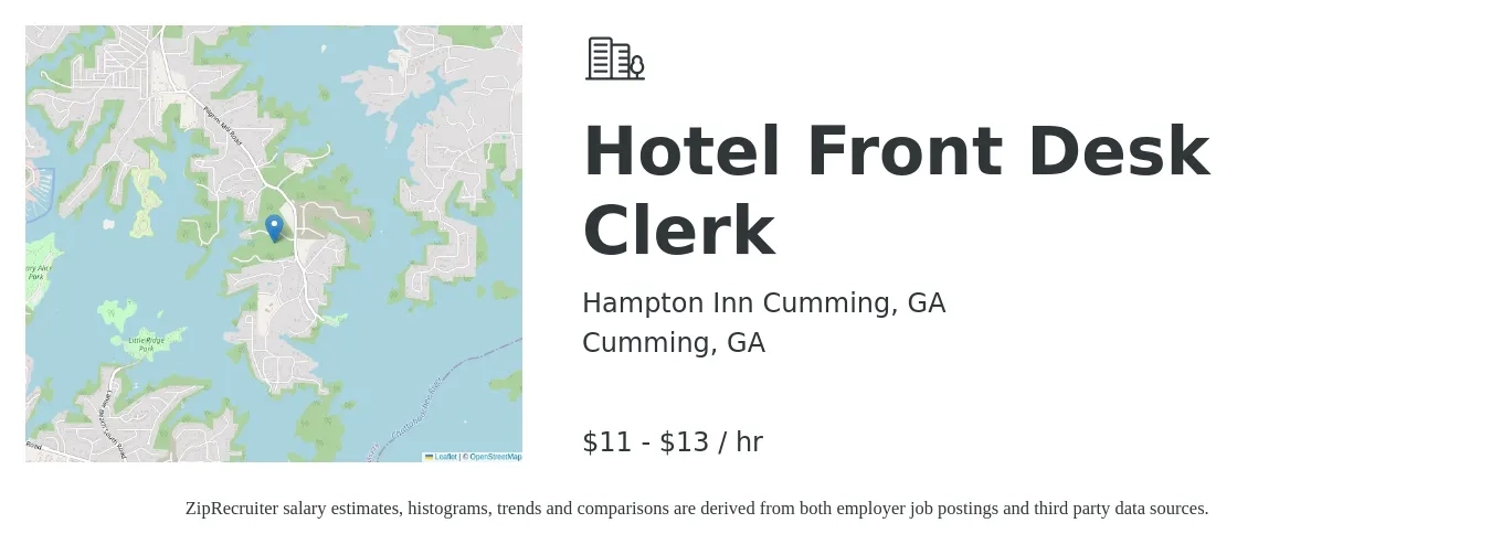 Hampton Inn Cumming, GA job posting for a Hotel Front Desk Clerk in Cumming, GA with a salary of $12 to $14 Hourly with a map of Cumming location.