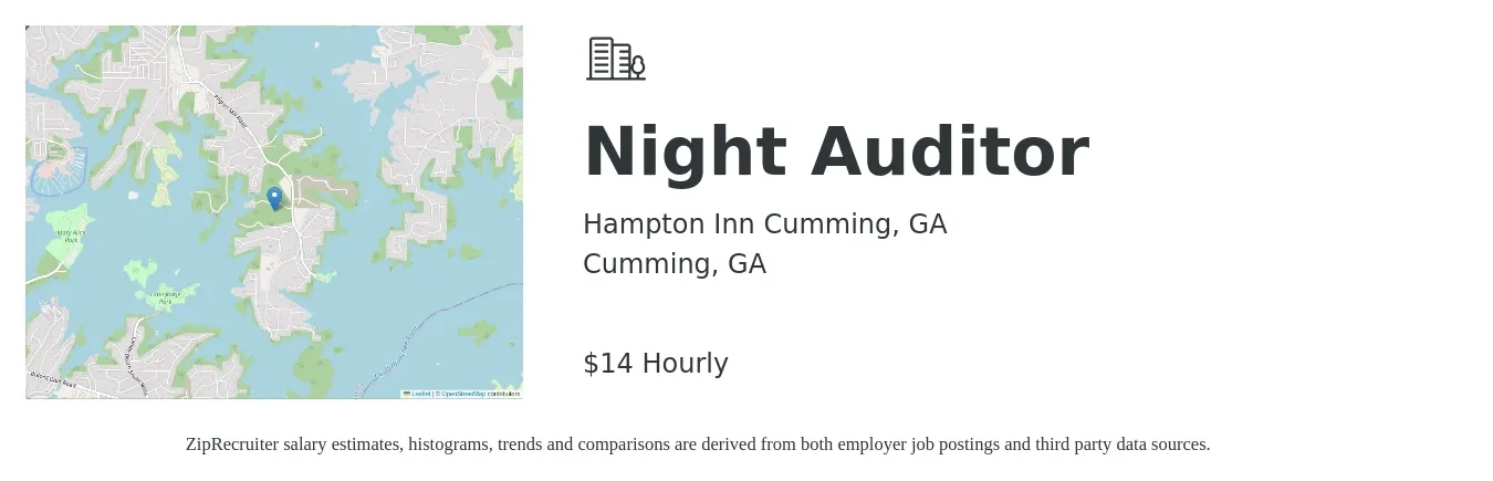 Hampton Inn Cumming, GA job posting for a Night Auditor in Cumming, GA with a salary of $15 Hourly with a map of Cumming location.