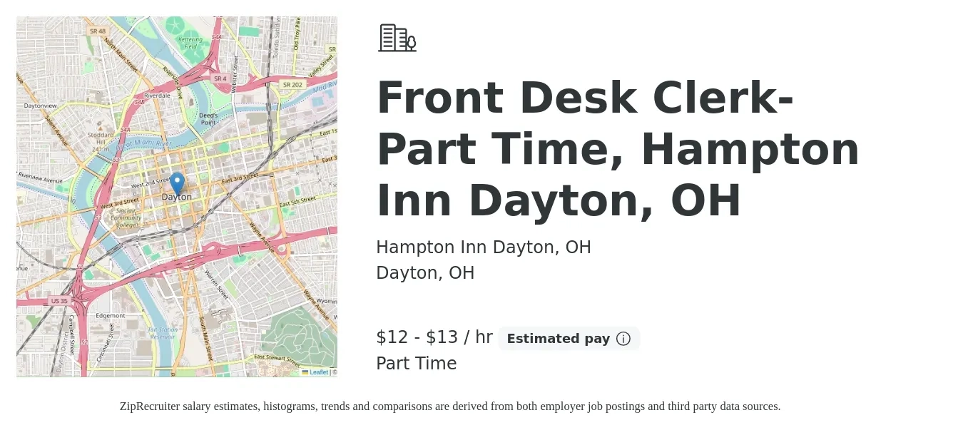 Hampton Inn Dayton, OH job posting for a Front Desk Clerk- Part Time, Hampton Inn Dayton, OH in Dayton, OH with a salary of $13 to $14 Hourly with a map of Dayton location.