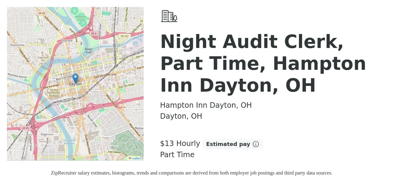 Hampton Inn Dayton, OH job posting for a Night Audit Clerk, Part Time, Hampton Inn Dayton, OH in Dayton, OH with a salary of $14 Hourly with a map of Dayton location.