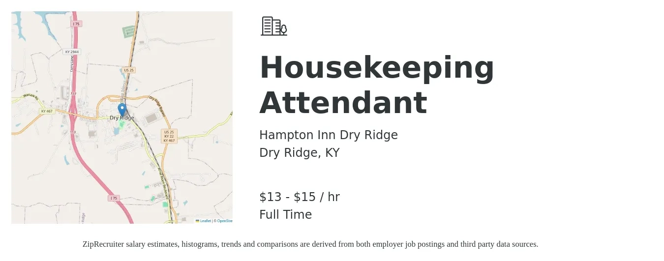 Hampton Inn Dry Ridge job posting for a Housekeeping Attendant in Dry Ridge, KY with a salary of $14 to $16 Hourly with a map of Dry Ridge location.