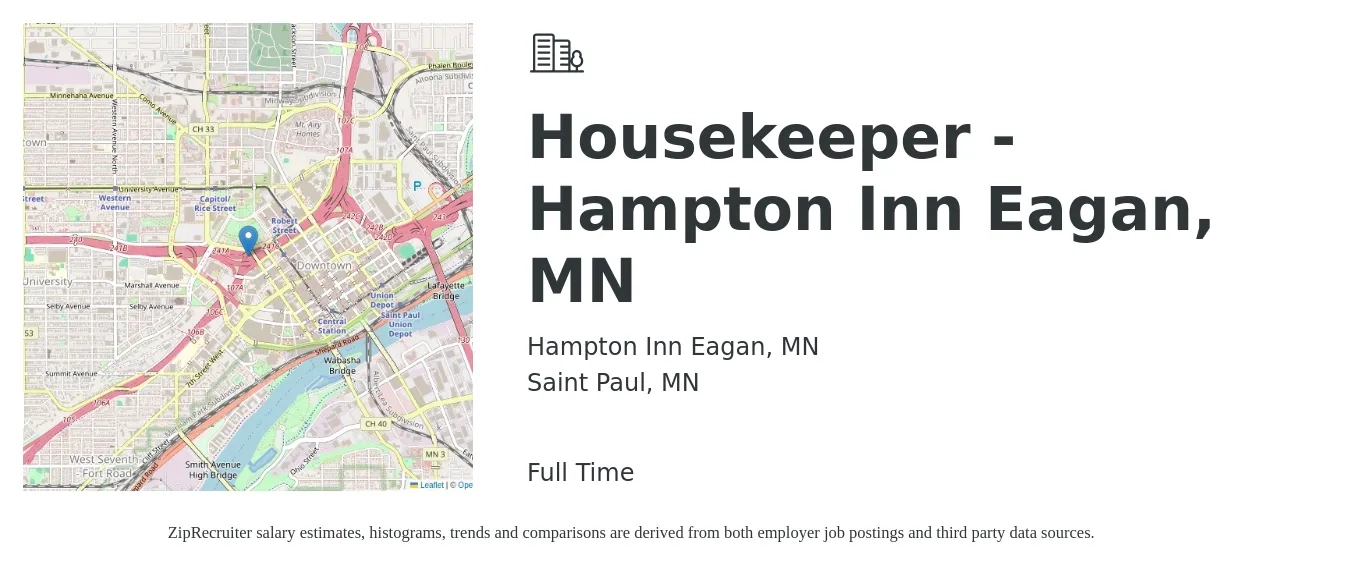 Hampton Inn Eagan, MN job posting for a Housekeeper - Hampton Inn Eagan, MN in Saint Paul, MN with a salary of $14 to $17 Hourly with a map of Saint Paul location.
